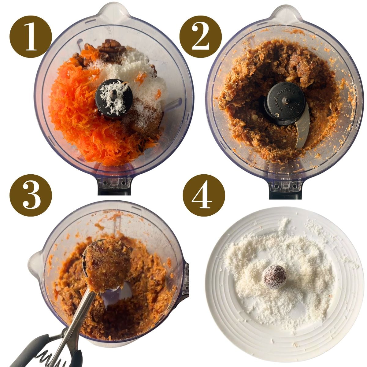 Steps to make carrot cake bliss balls.