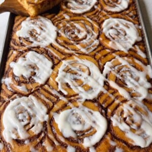 Cinnamon roll sheet pan pancakes.