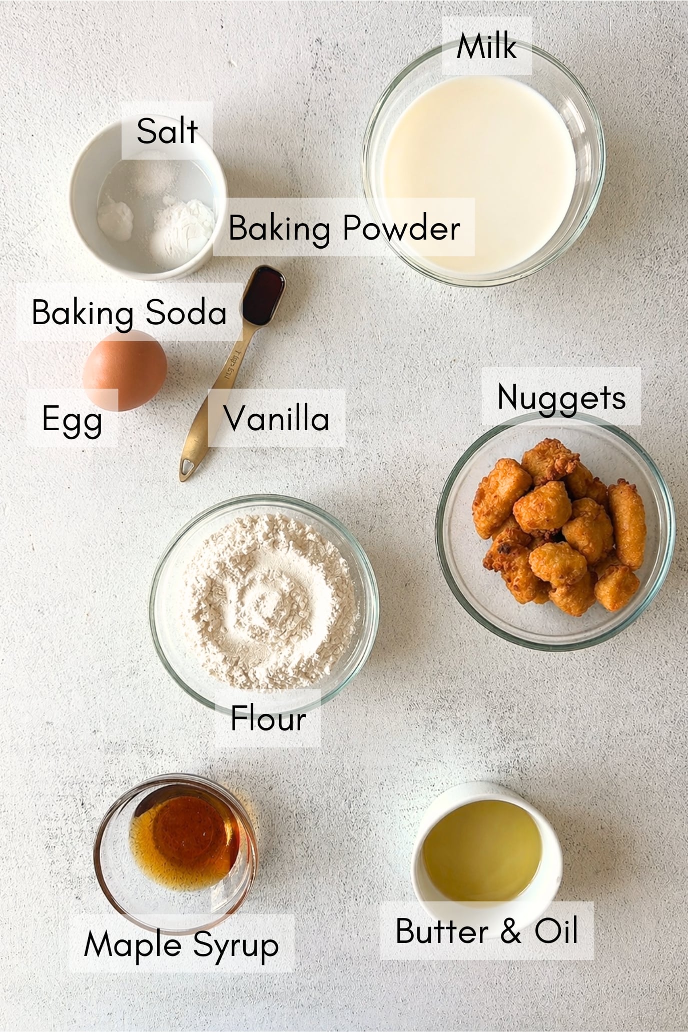 Ingredients to make chicken waffle bites.