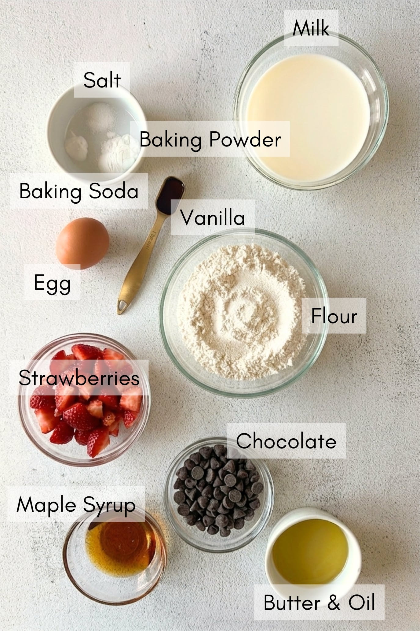 Ingredients to make chocolate strawberry waffles.
