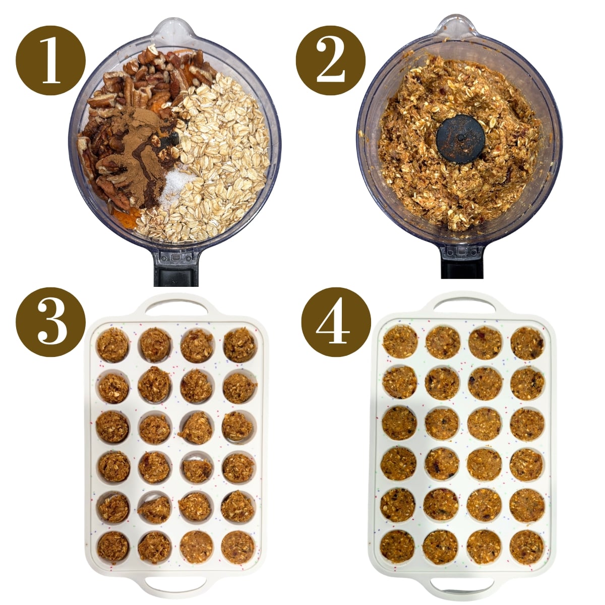 Steps to make no-bake carrot cake bites.