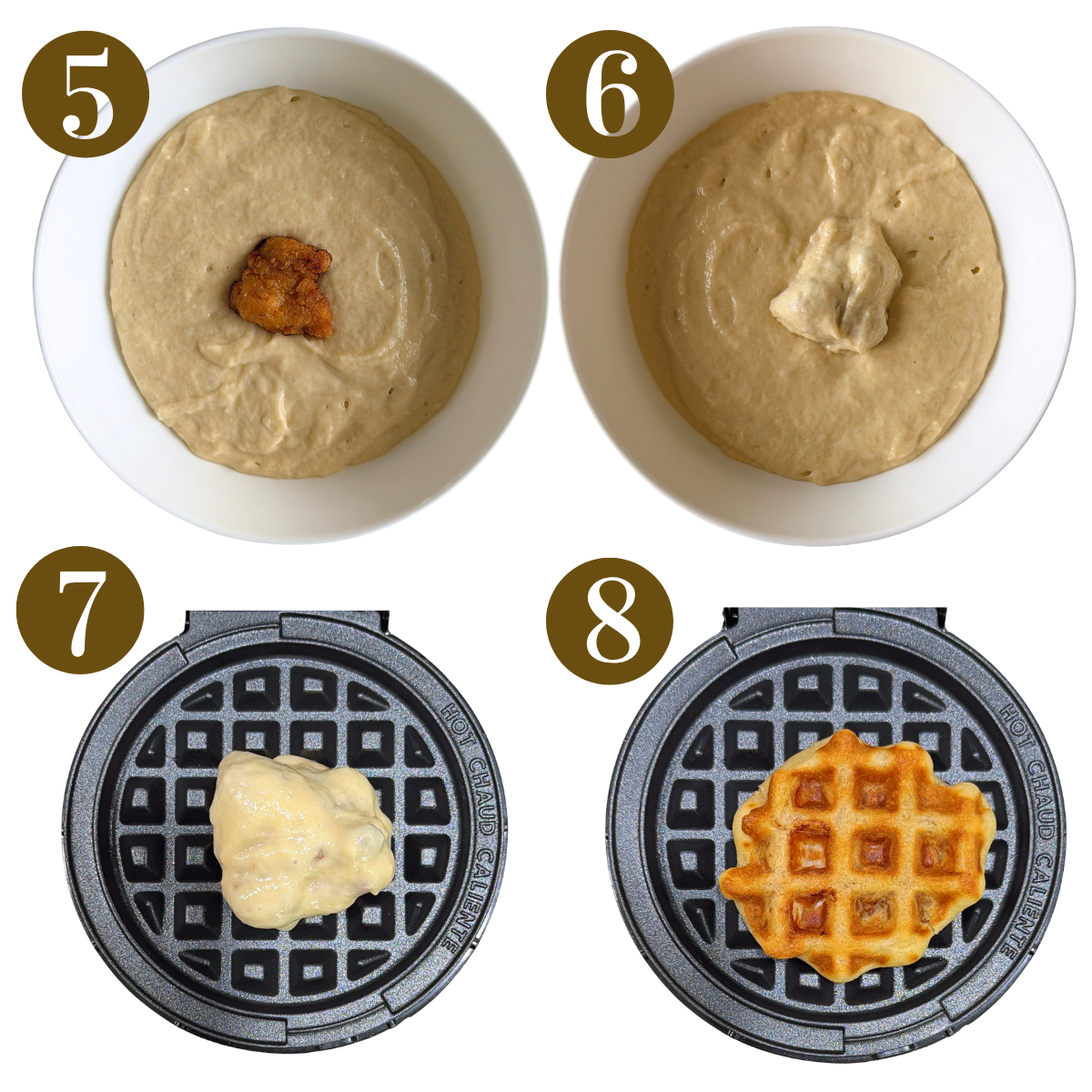 Steps to make chicken waffle bites.