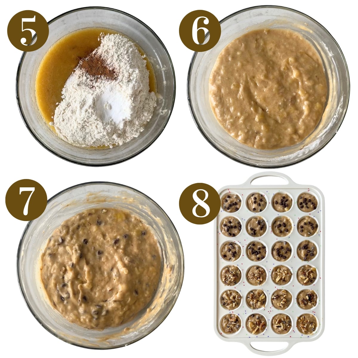 Steps to make chocolate chip banana walnut muffins.