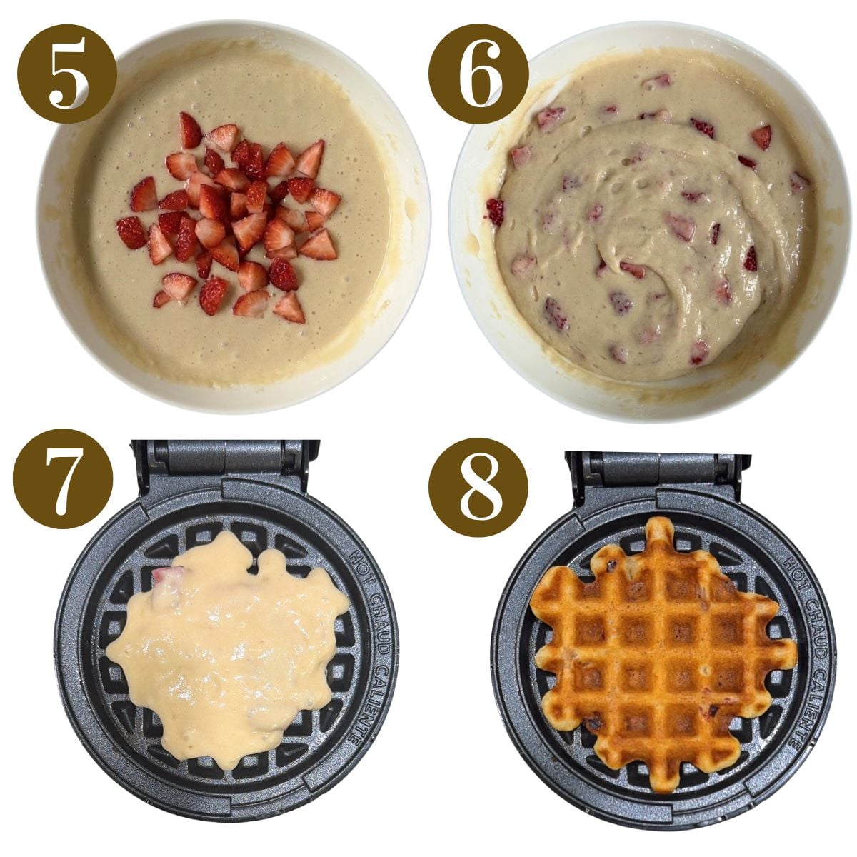 Steps to make chocolate strawberry waffles.