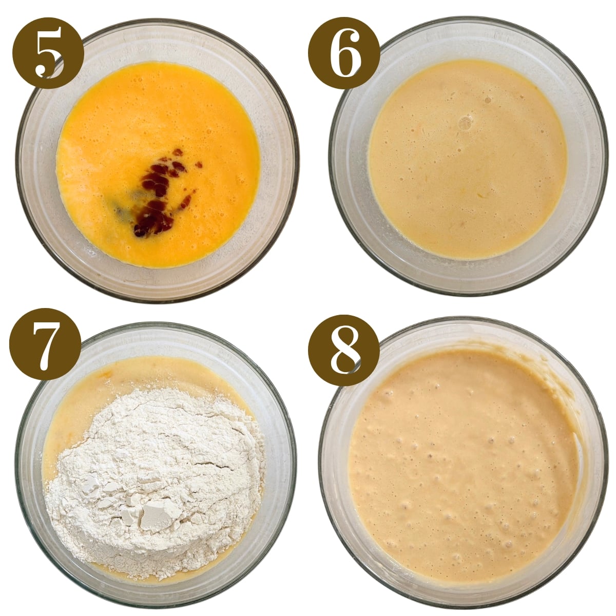 Steps to make cinnamon roll sheet pan pancakes.