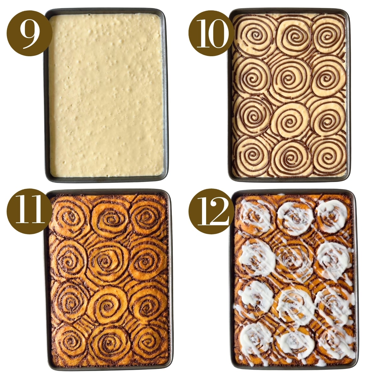 Steps to make cinnamon roll sheet pan pancakes.