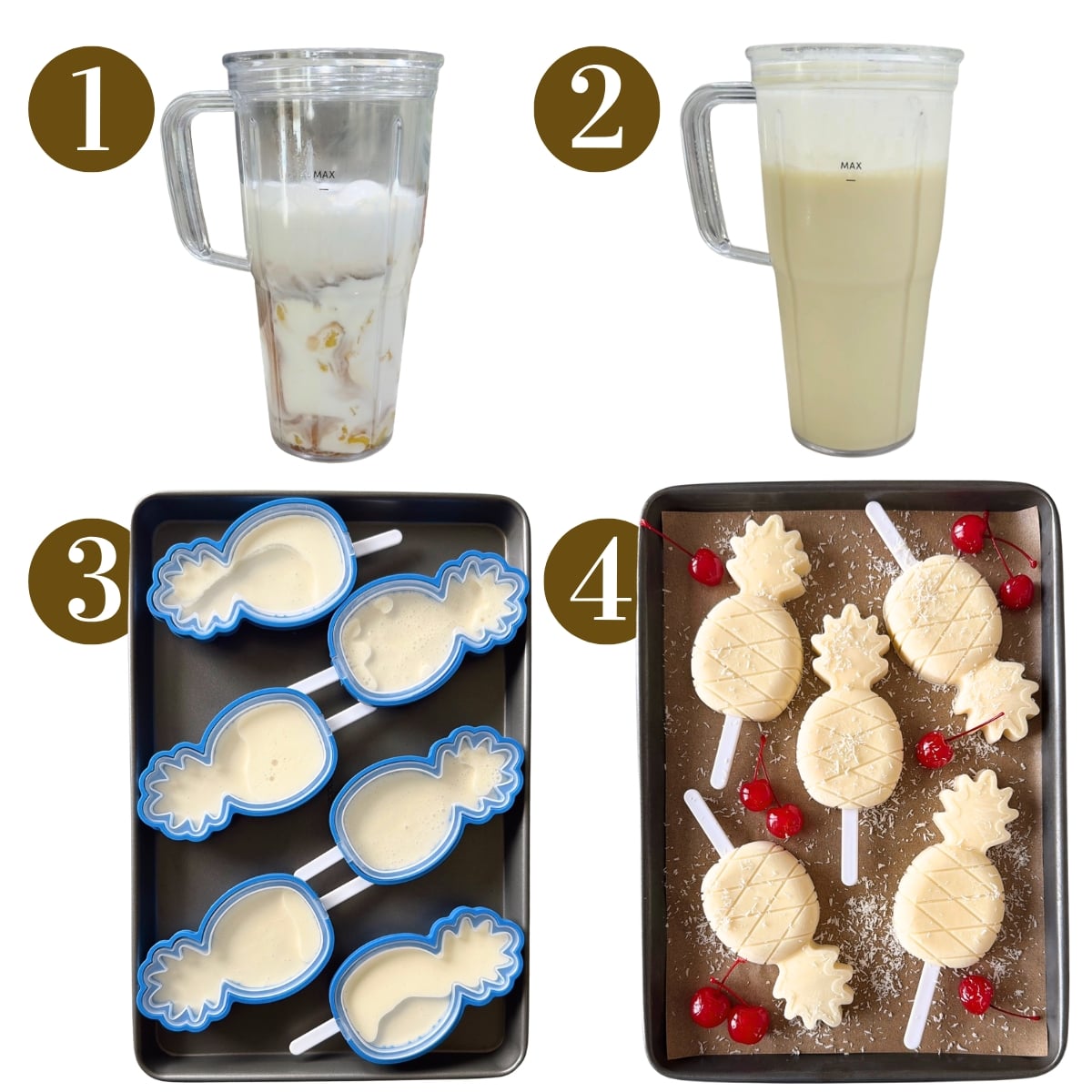 Steps to make pina colada pineapple popsicles.