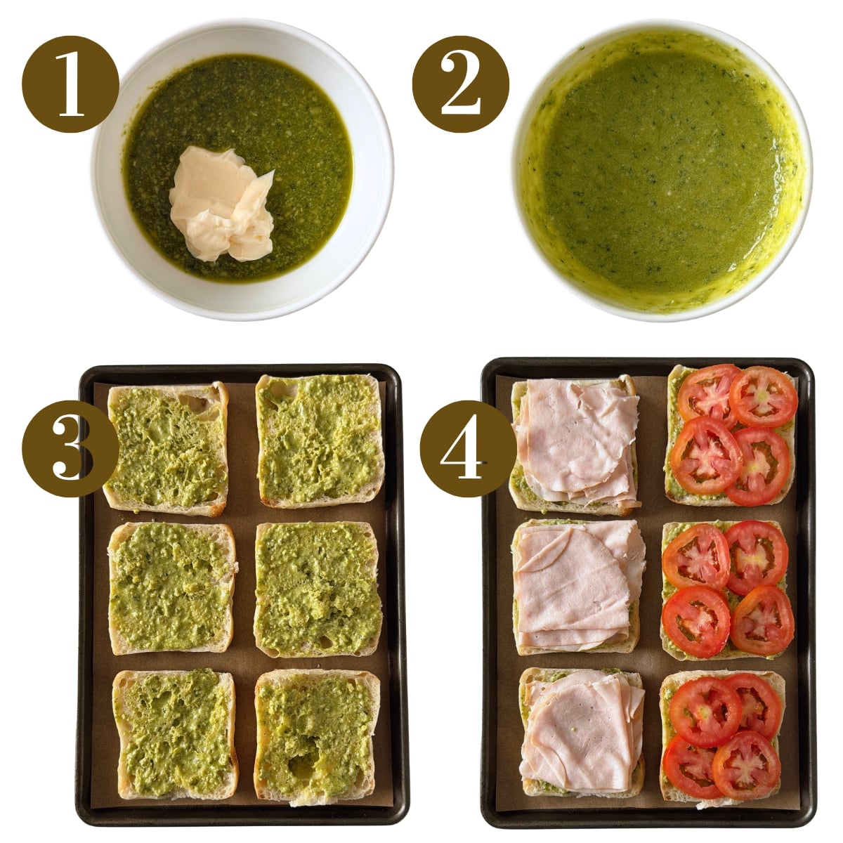 Steps to make turkey pesto sandwich.