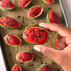 Watermelon lime sorbet served in lime skin.