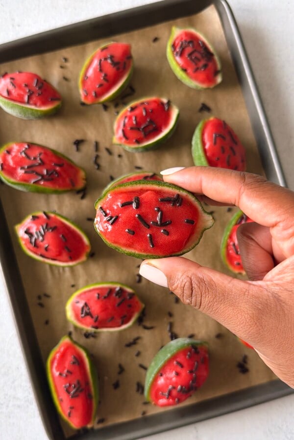 Watermelon lime sorbet served in lime skin.