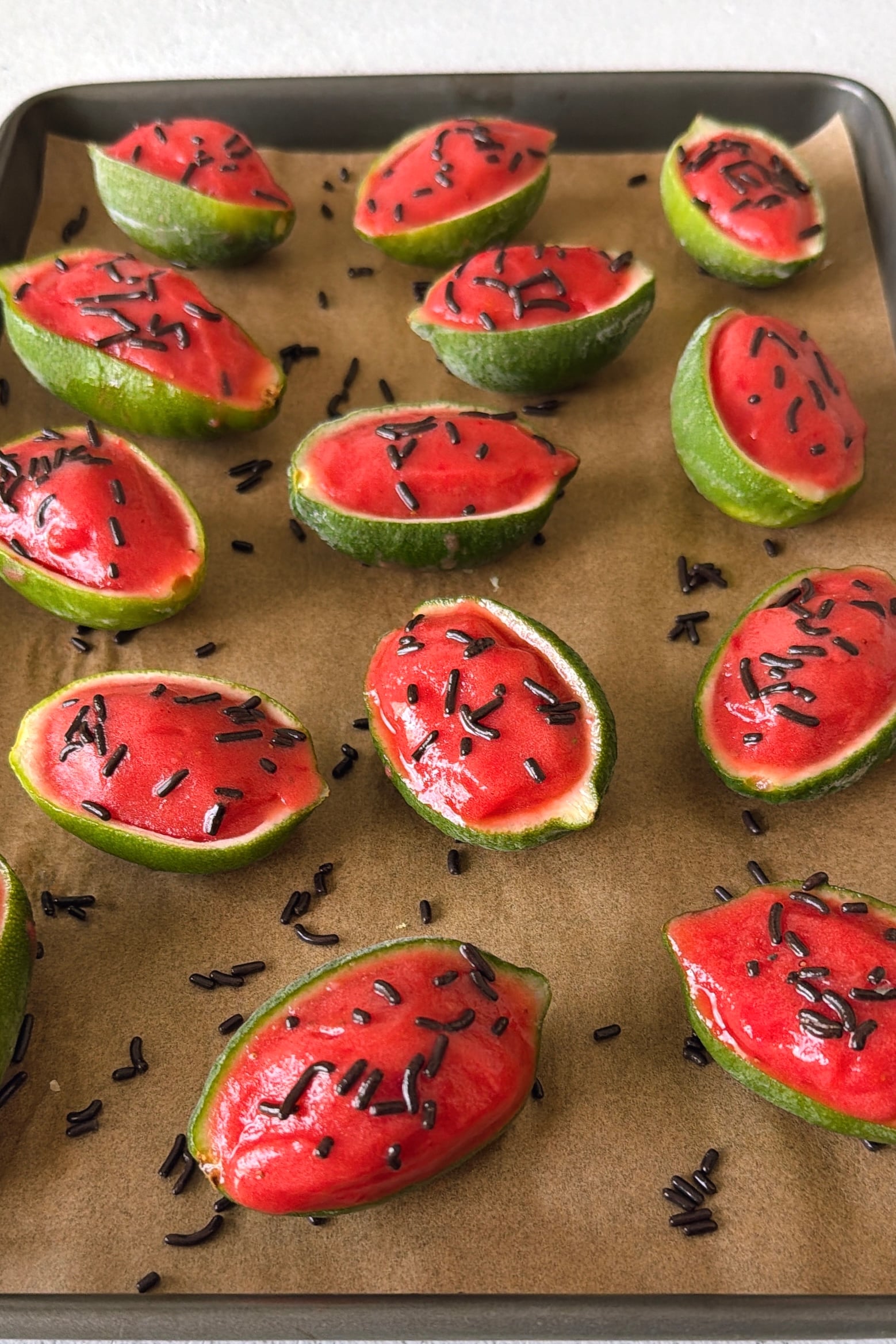 Watermelon lime sorbet served in lime skin.