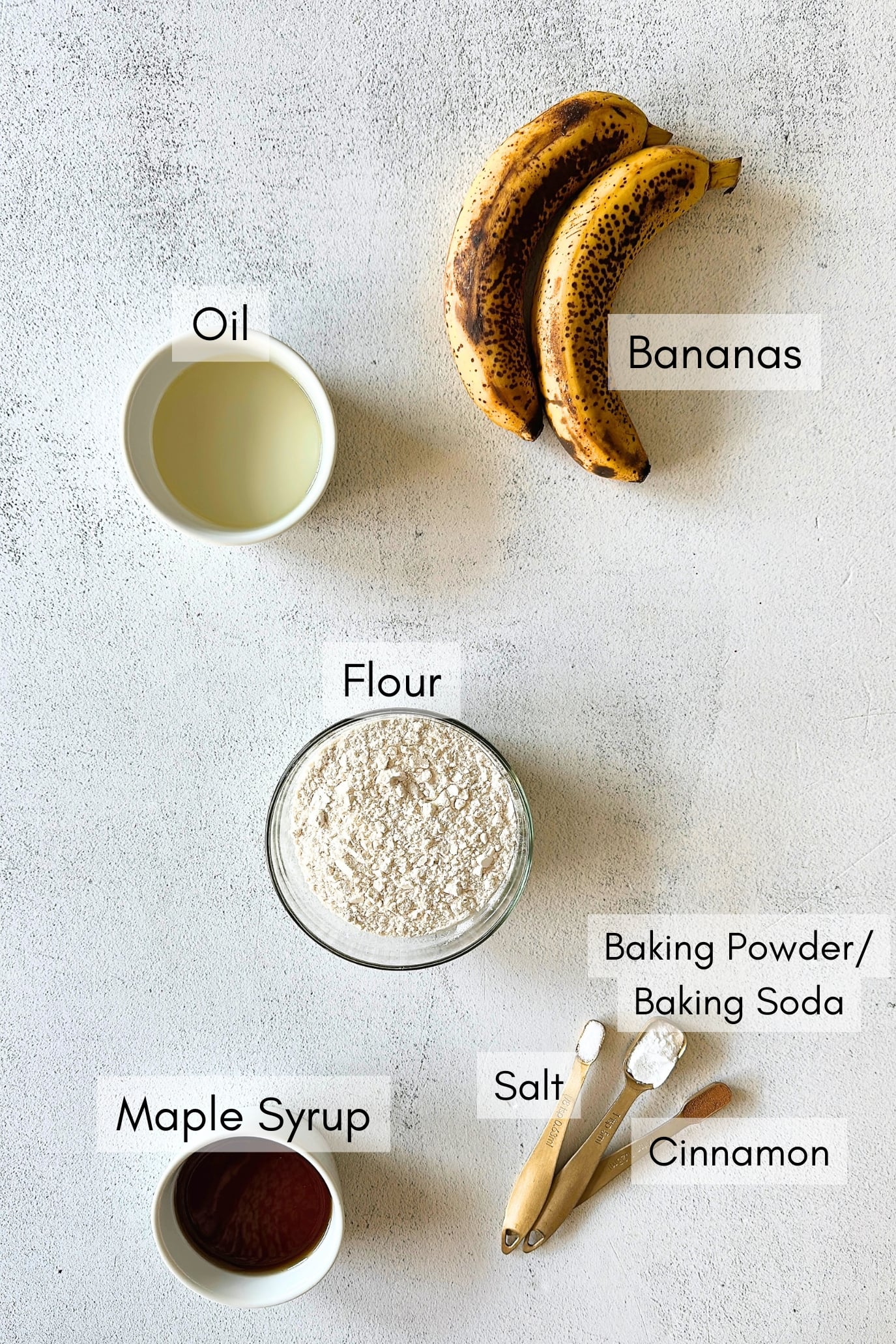 Ingredients to make eggless banana muffins.