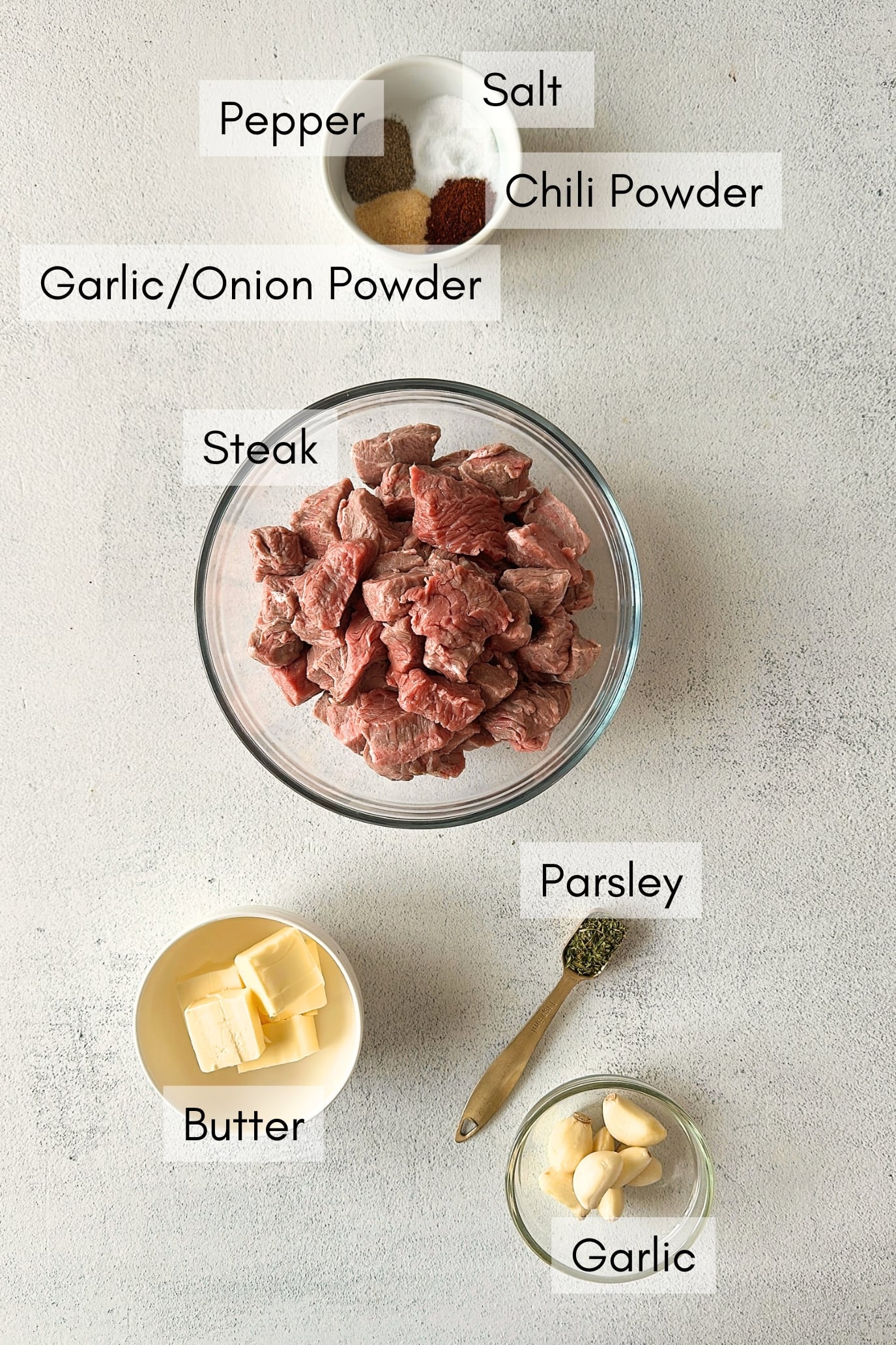 Ingredients to make garlic butter steak bites.