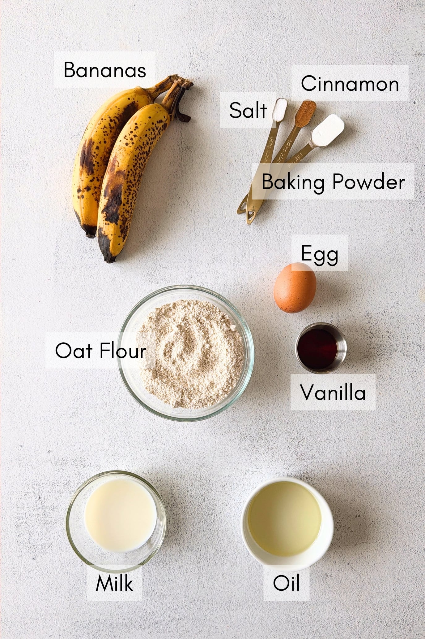 Ingredients to make oat flour banana muffins.