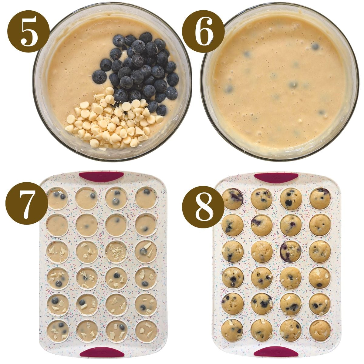 Steps to make white chocolate blueberry muffins.