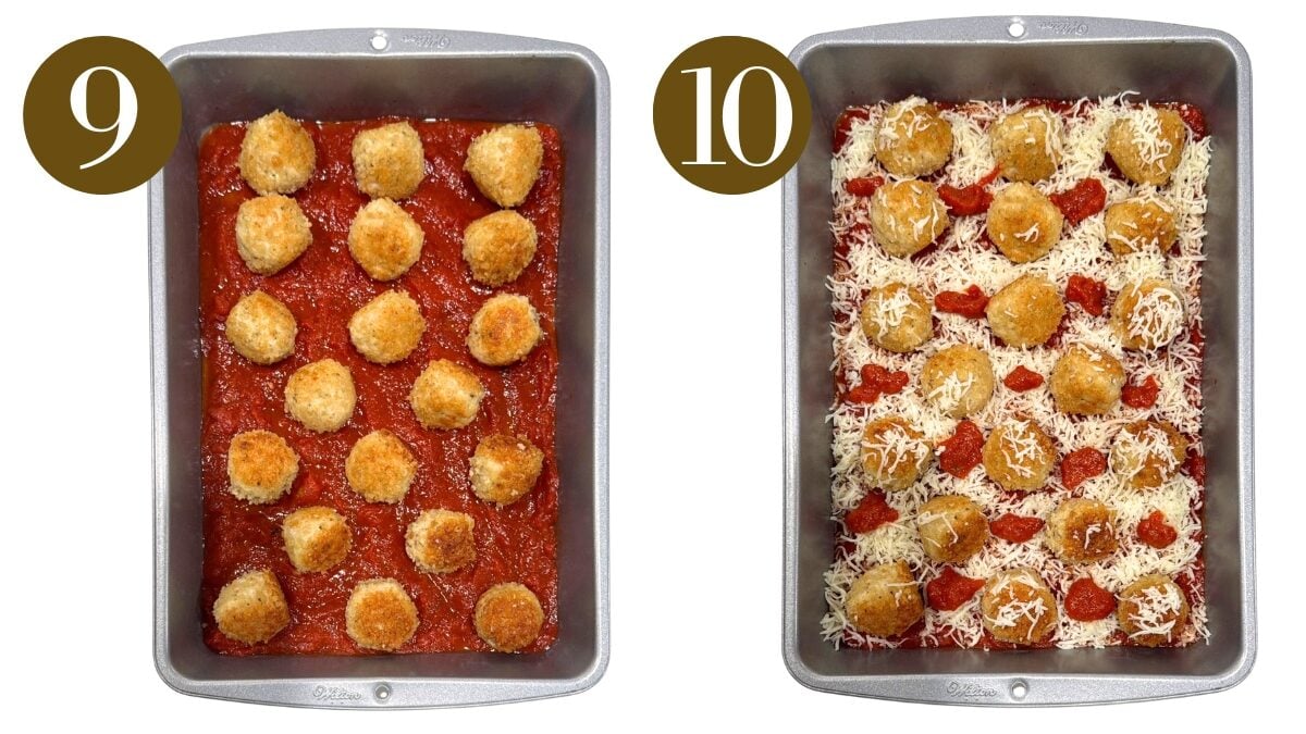 Steps to make chicken parm meatballs.