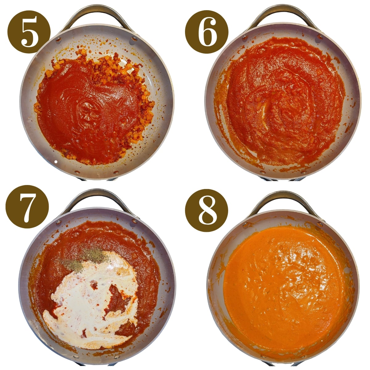 Steps to make creamy tomato pasta.