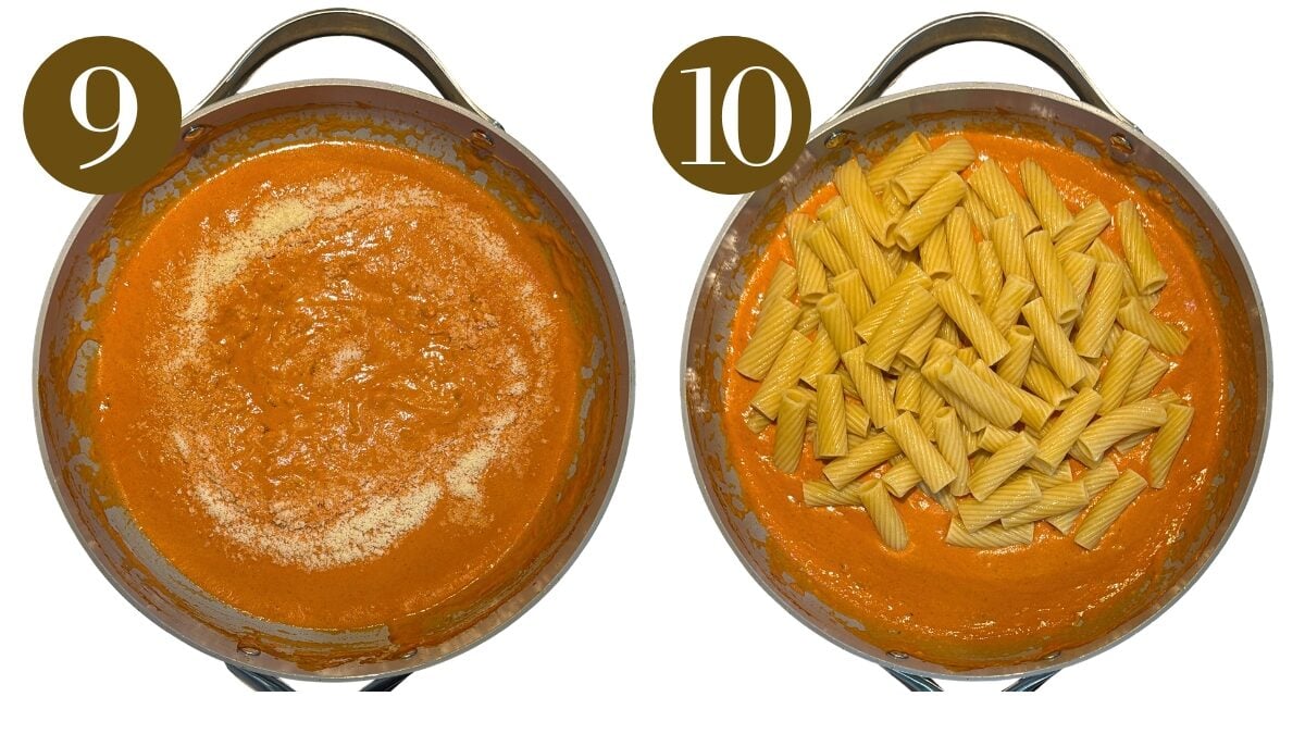 Steps to make creamy tomato pasta.