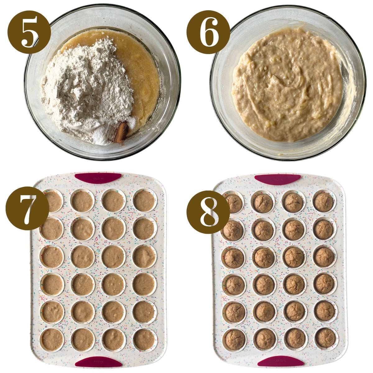 Steps to make eggless banana muffins.