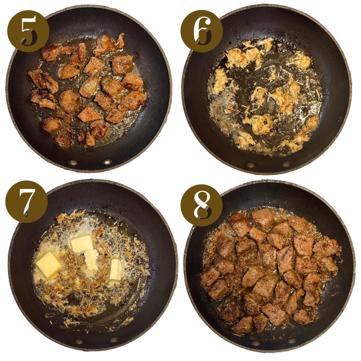 Steps to make garlic butter steak bites.