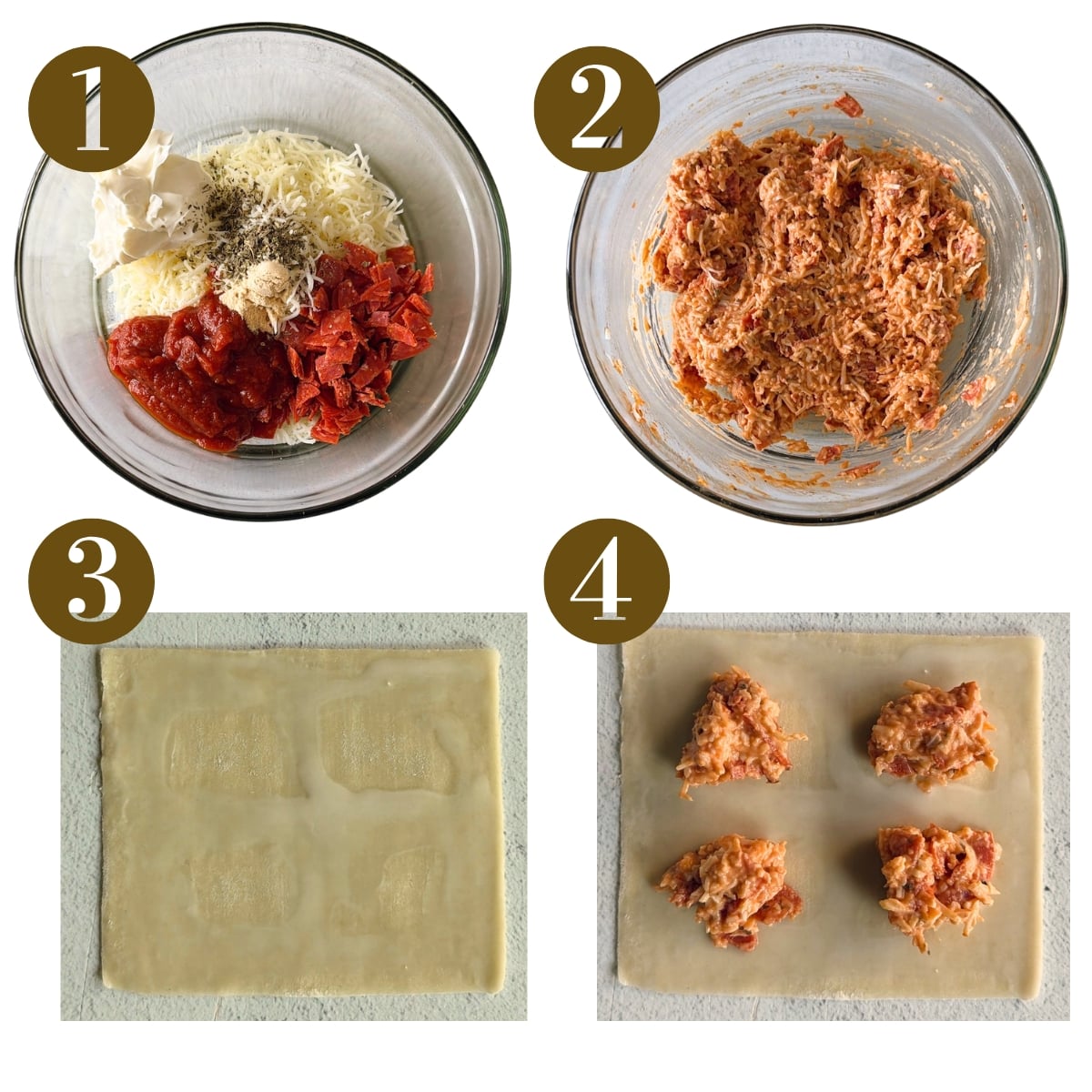 Steps to make homemade pizza rolls.
