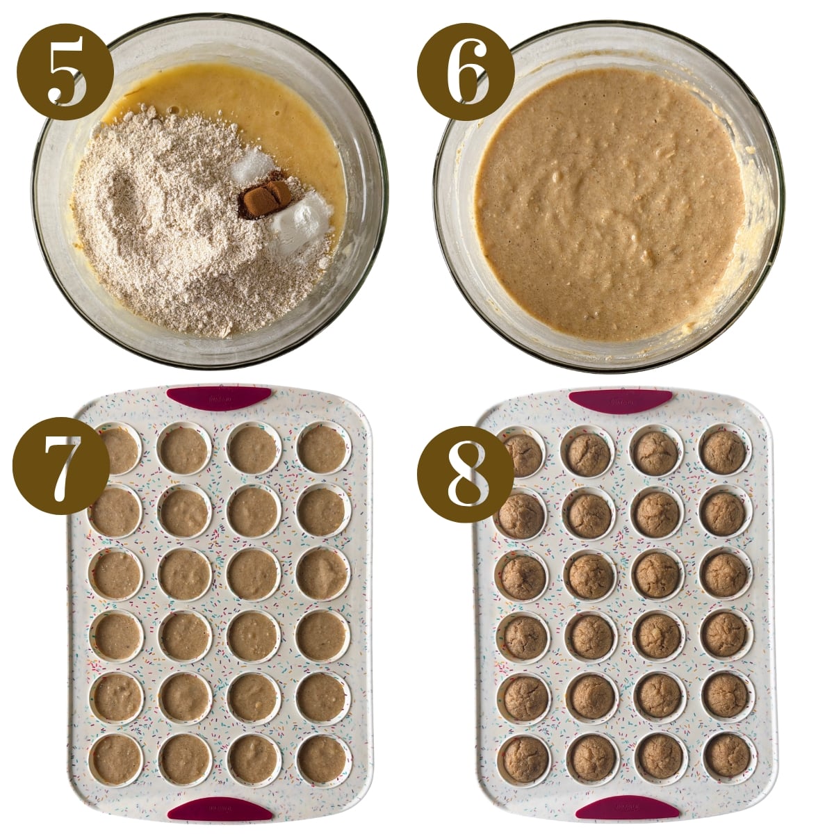 Steps to make oat flour banana muffins.