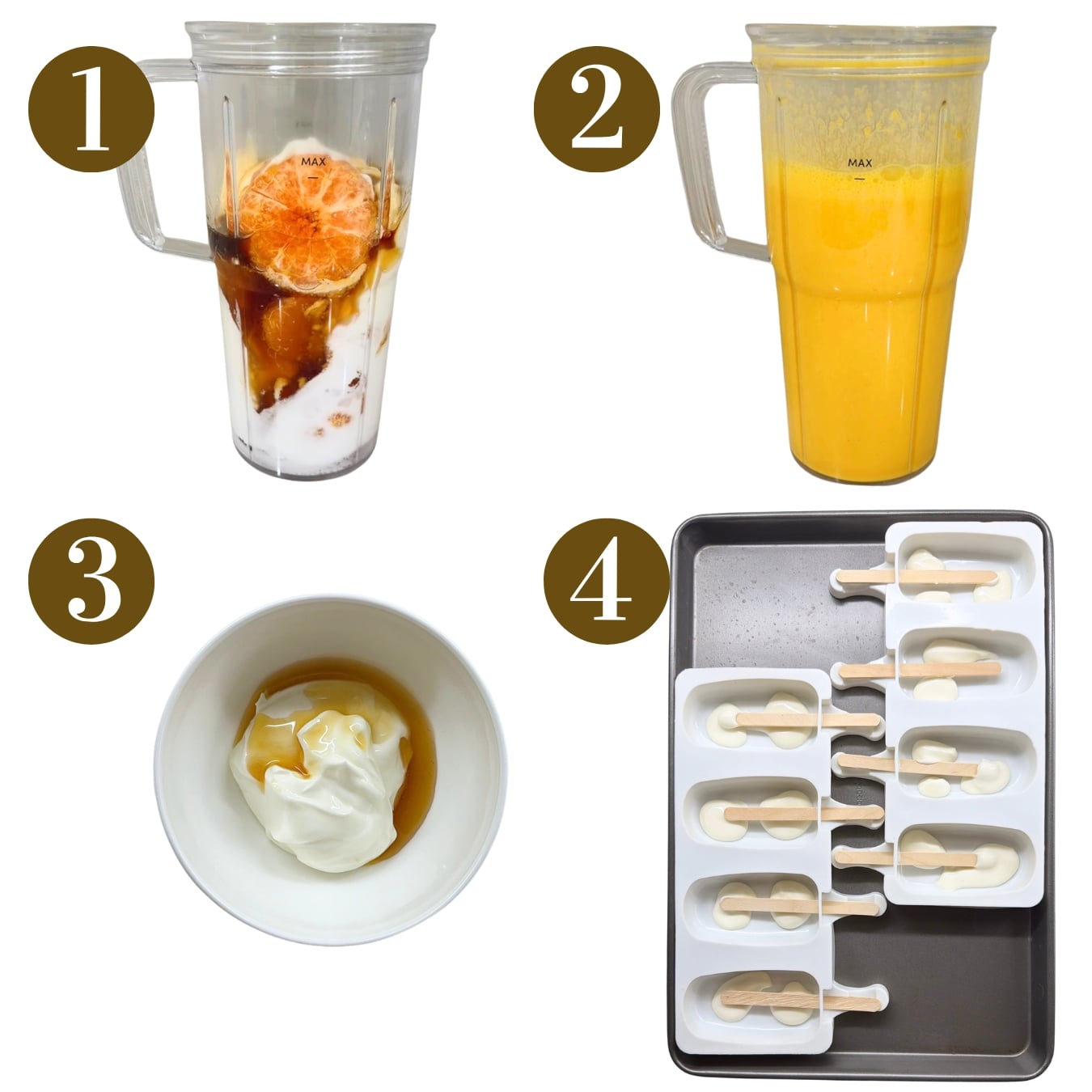 Steps to make homemade orange creamsicle popsicles.
