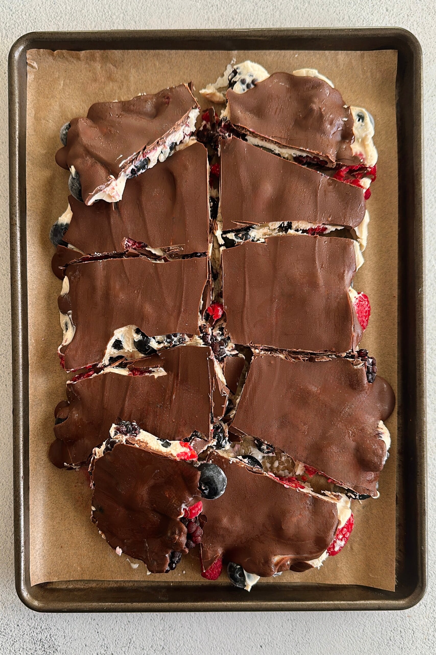 Chocolate berry yogurt bark.