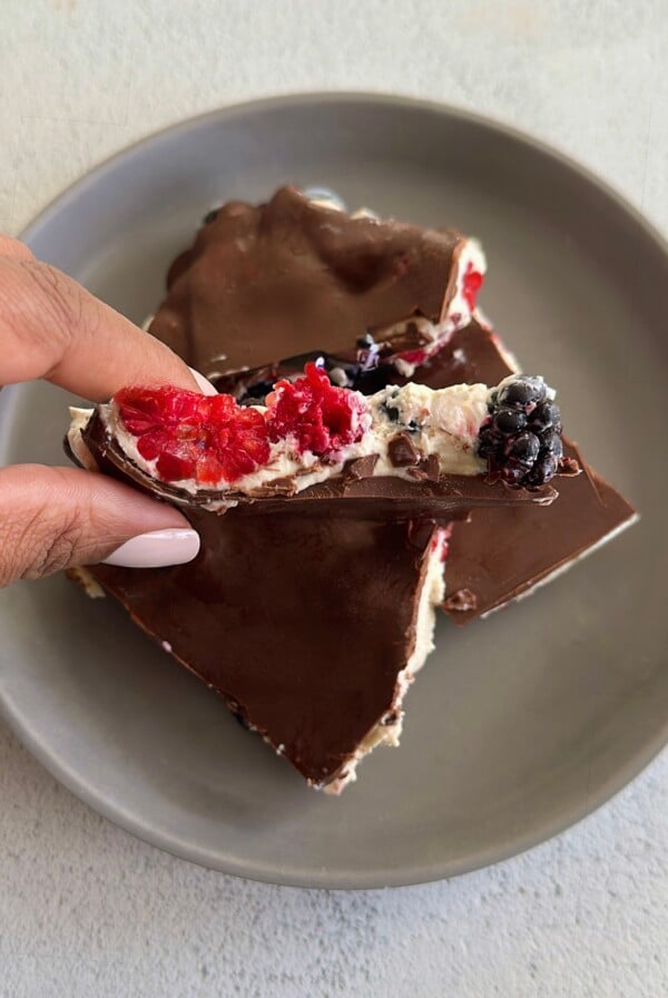 Chocolate berry yogurt bark.