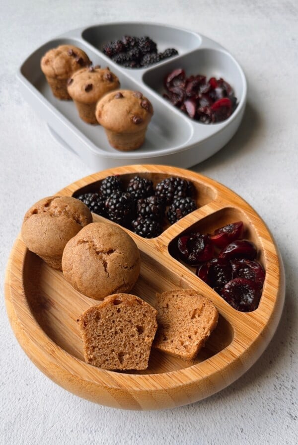 Almond butter muffins served with blackberries and cherries.