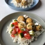 Chicken feta meatballs served over rice.