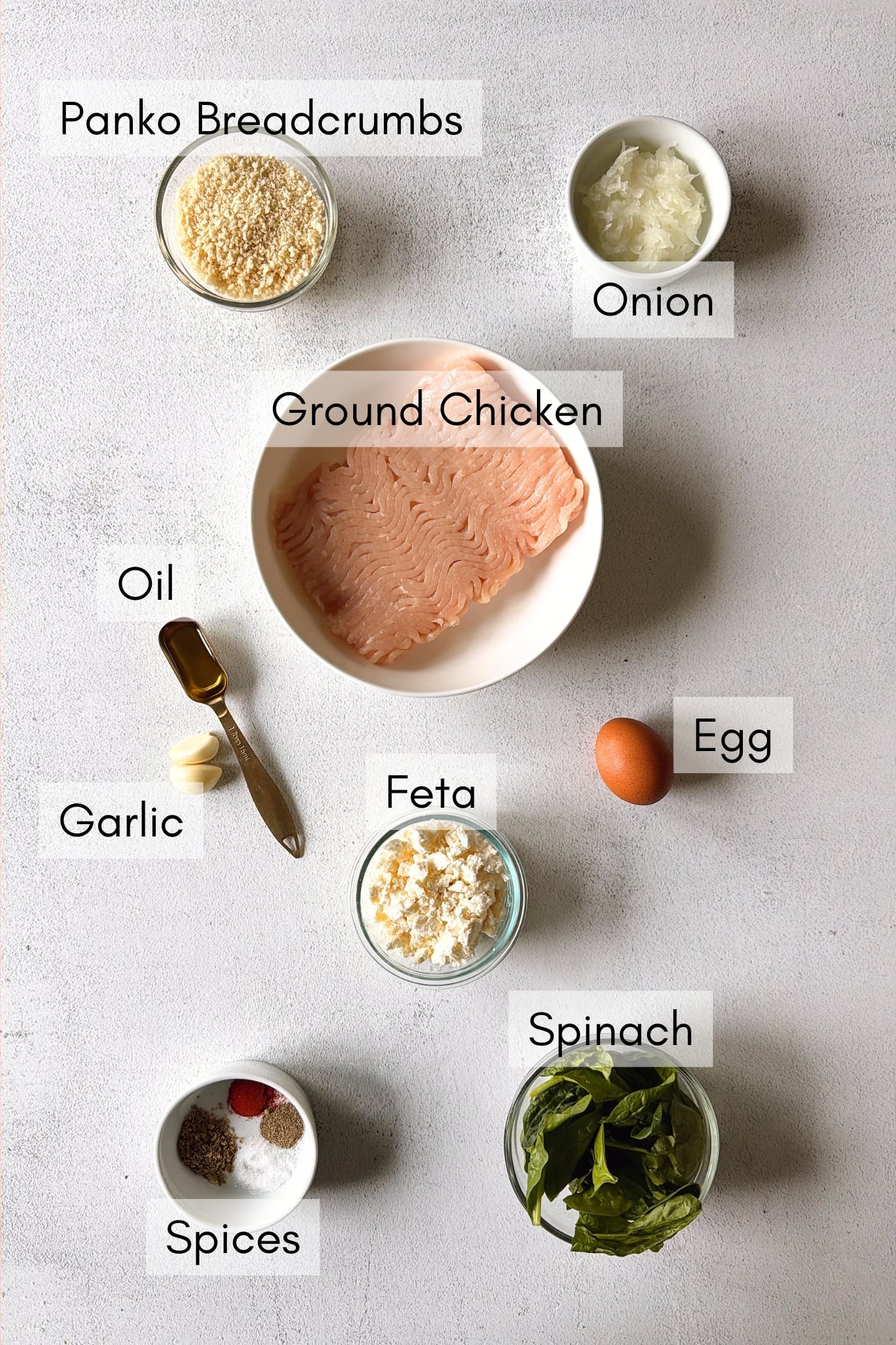 Ingredients to make chicken feta meatballs.