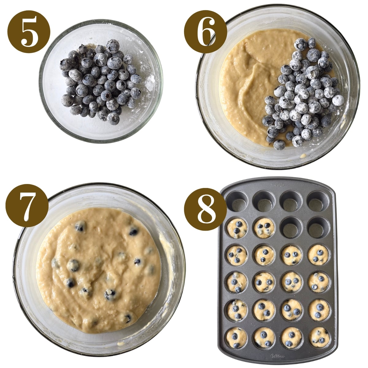 Steps to make dairy-free blueberry muffins.