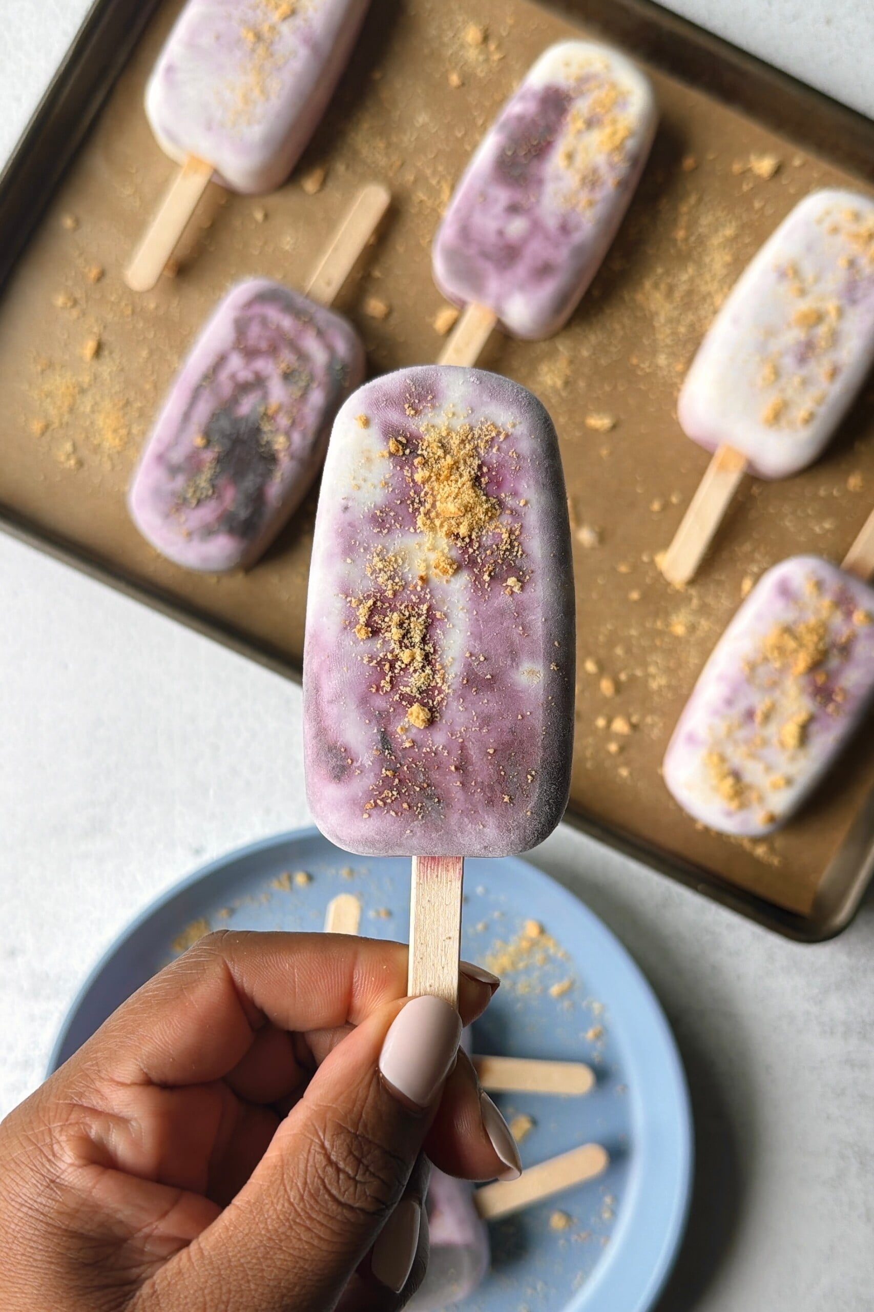 Blueberry cheesecake popsicles.