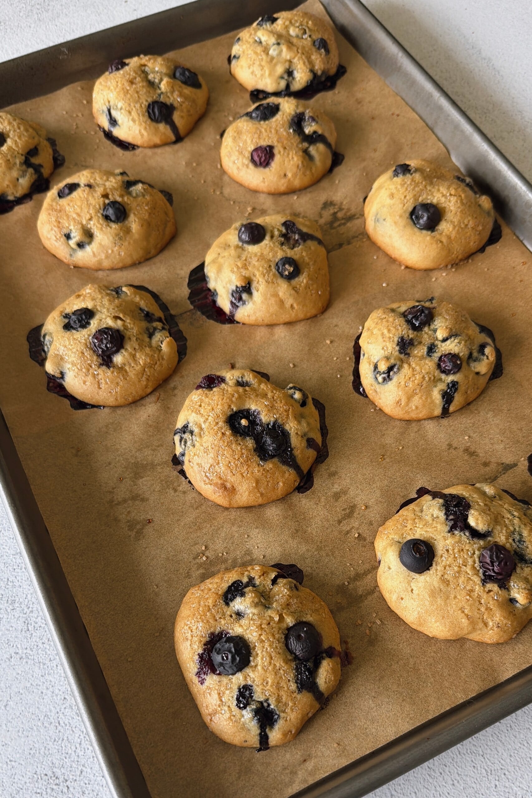 Blueberry muffin tops served with berries and carrots.