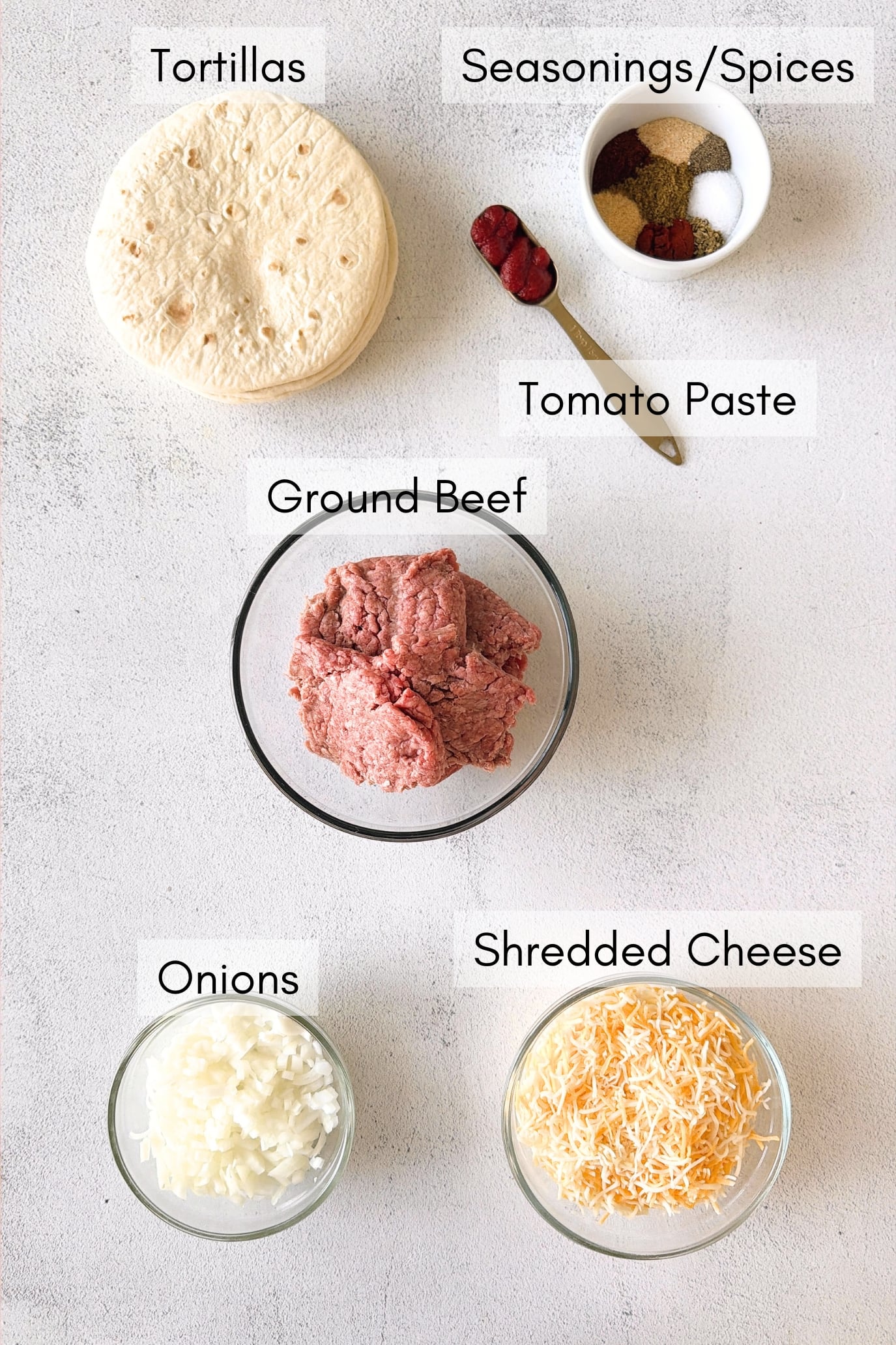 Ingredients to make ground beef taquitos.