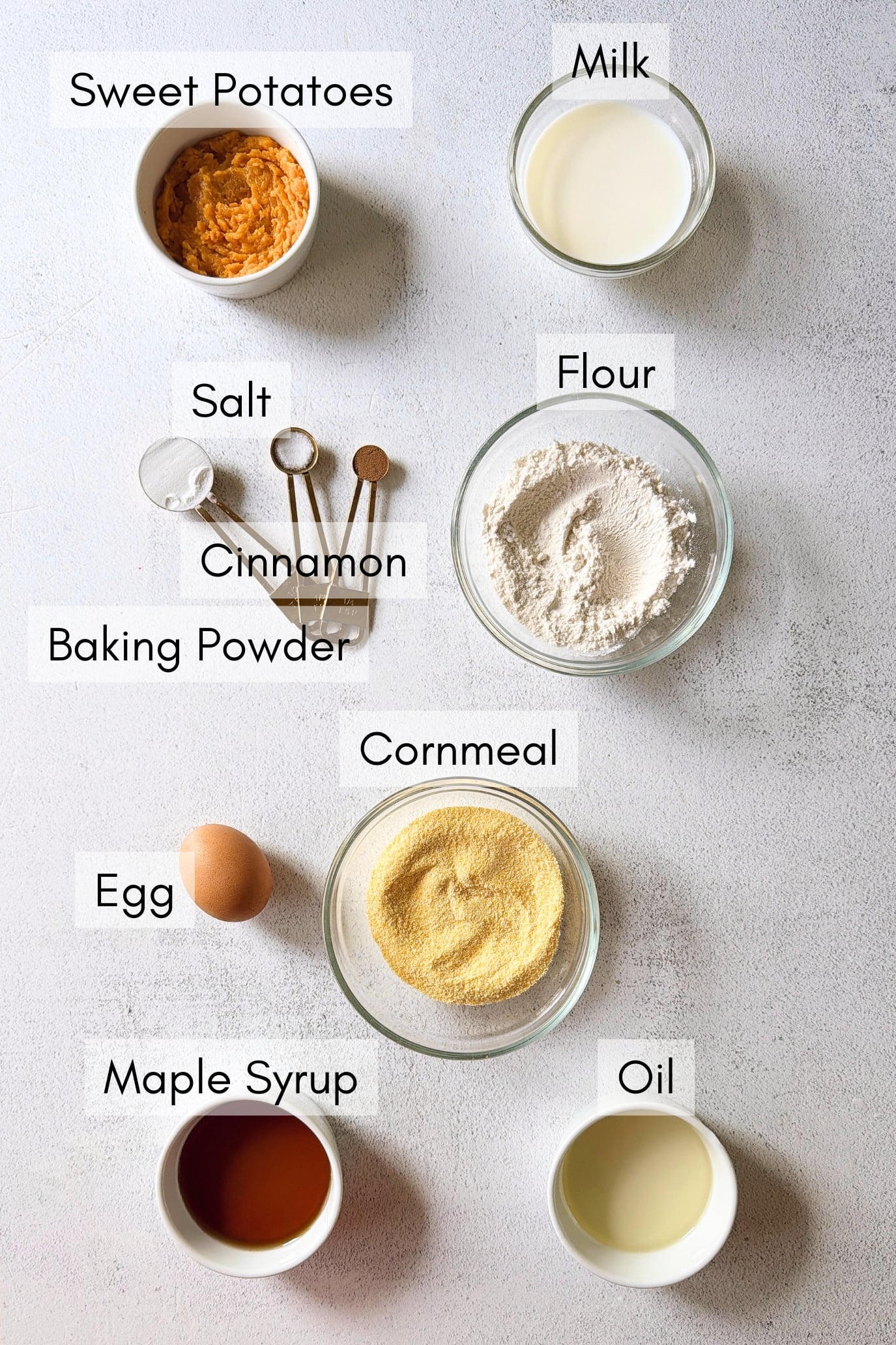 Ingredients to make sweet potato corn muffins.