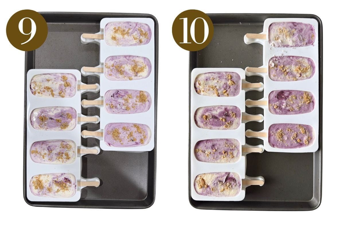 Steps to make blueberry cheesecake popsicles.
