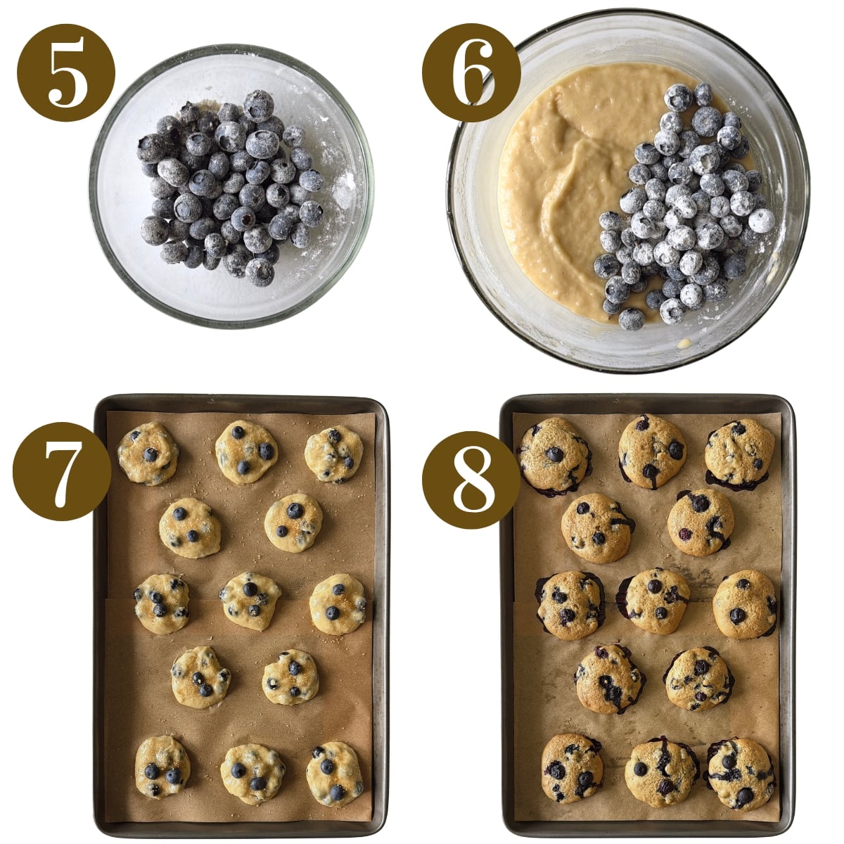 Steps to make blueberry muffin tops.
