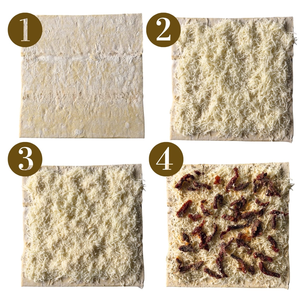 Steps to make cheese and tomato pinwheels.