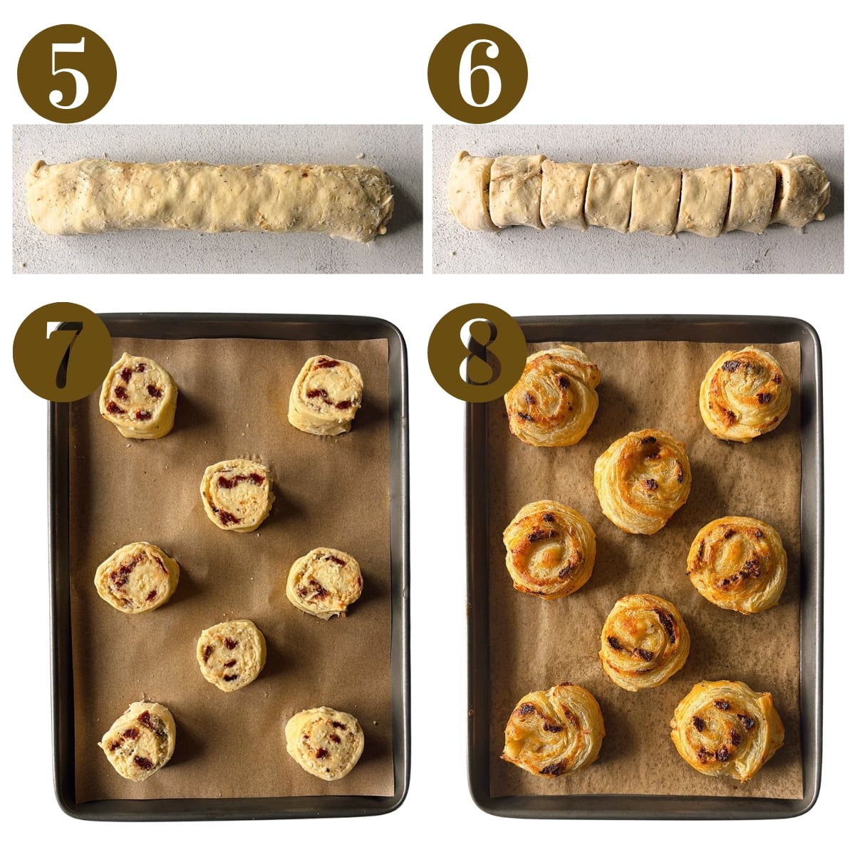 Steps to make cheese and tomato pinwheels.