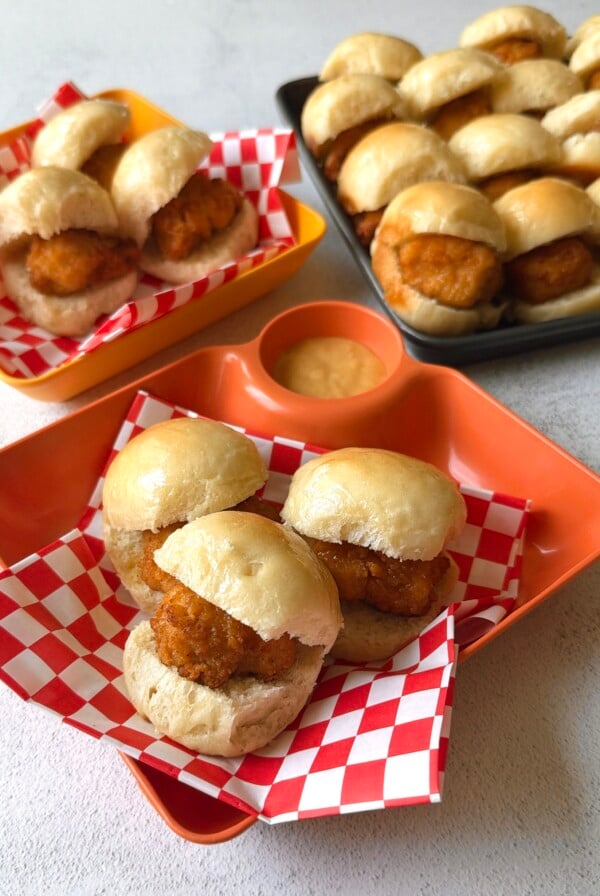 Homemade chicken minis serving with dipping sauce.