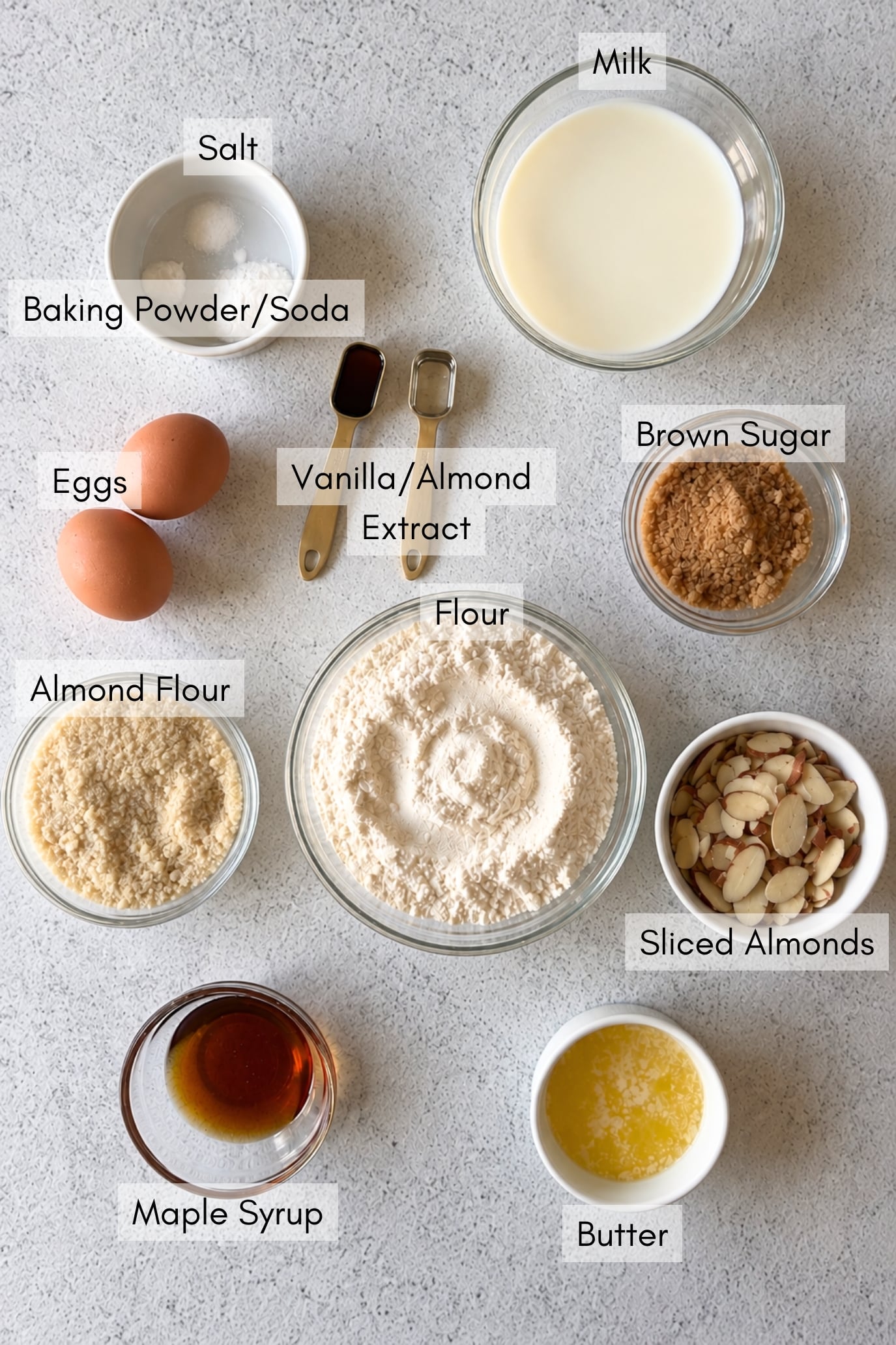 Ingredients to make almond croissant sheet pan pancakes.