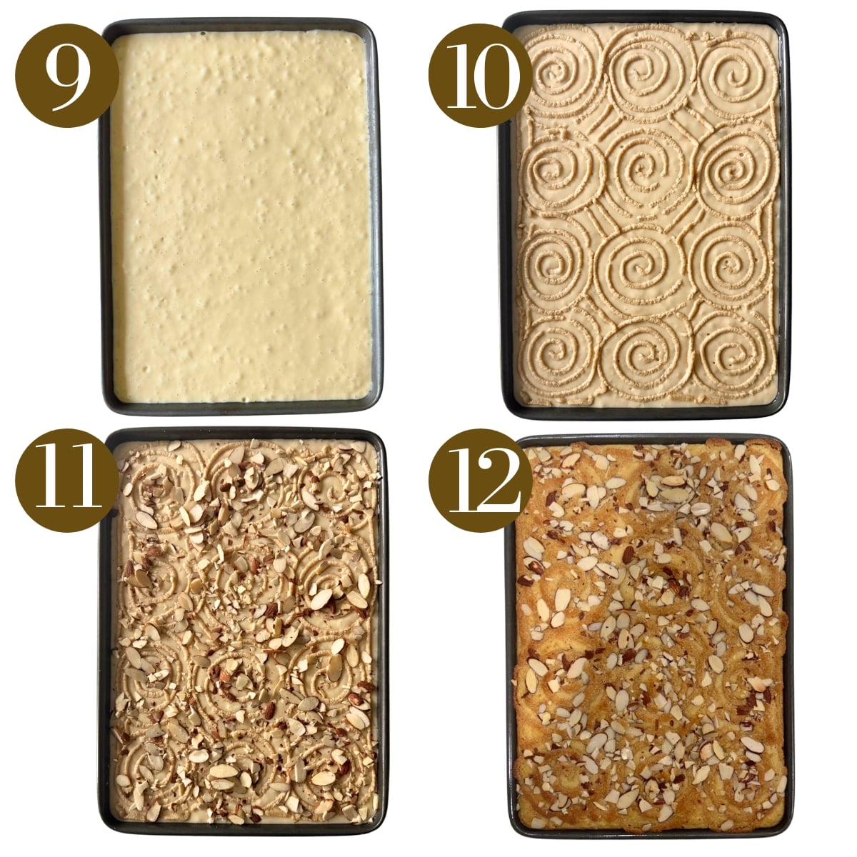 Steps to make almond croissant sheet pan pancakes.