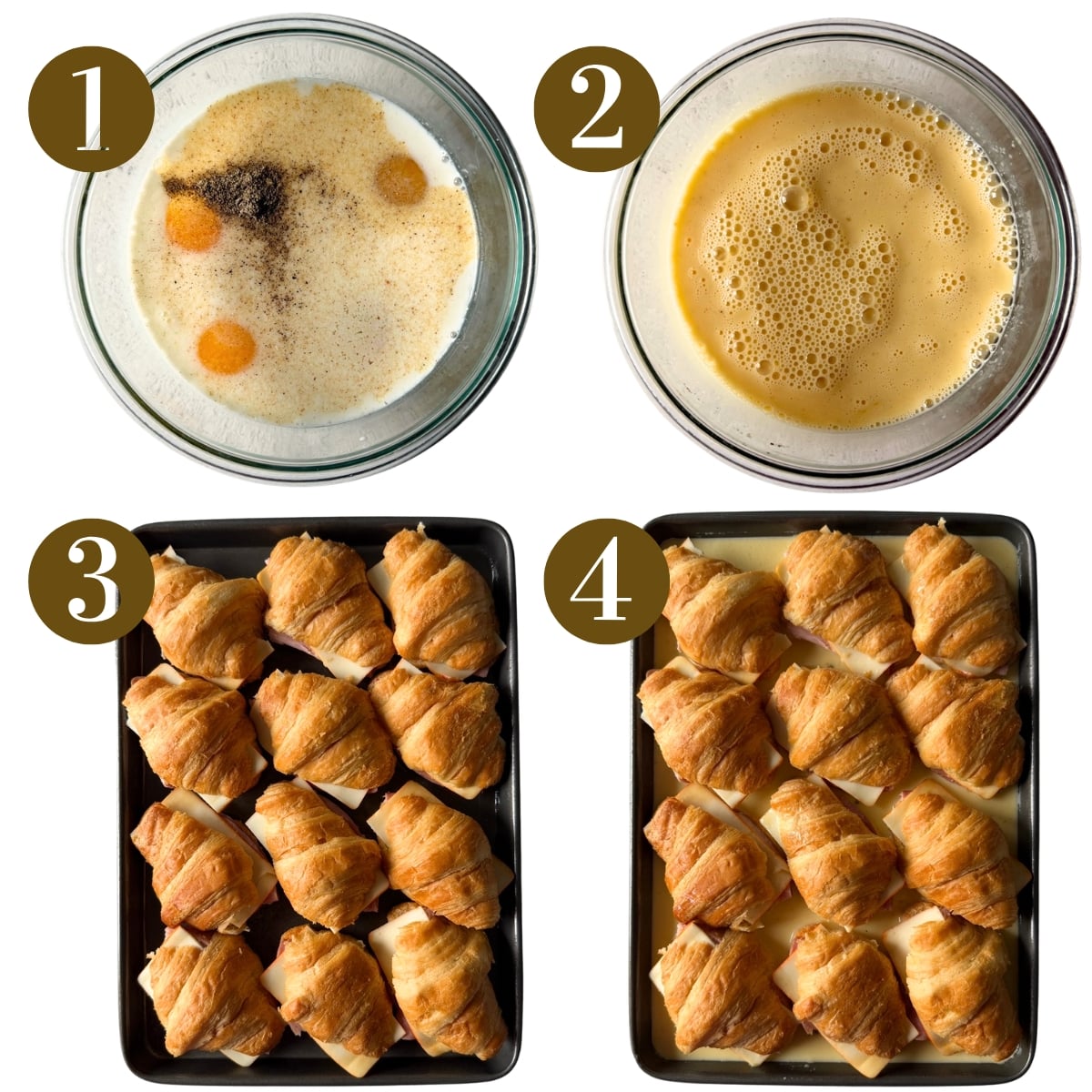Steps to make baked ham and cheese croissants.