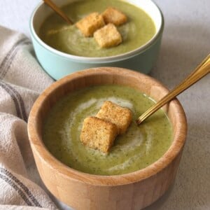 Broccolini soup served with croutons.