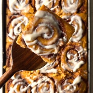 Pumpkin cinnamon roll sheet pan pancakes.