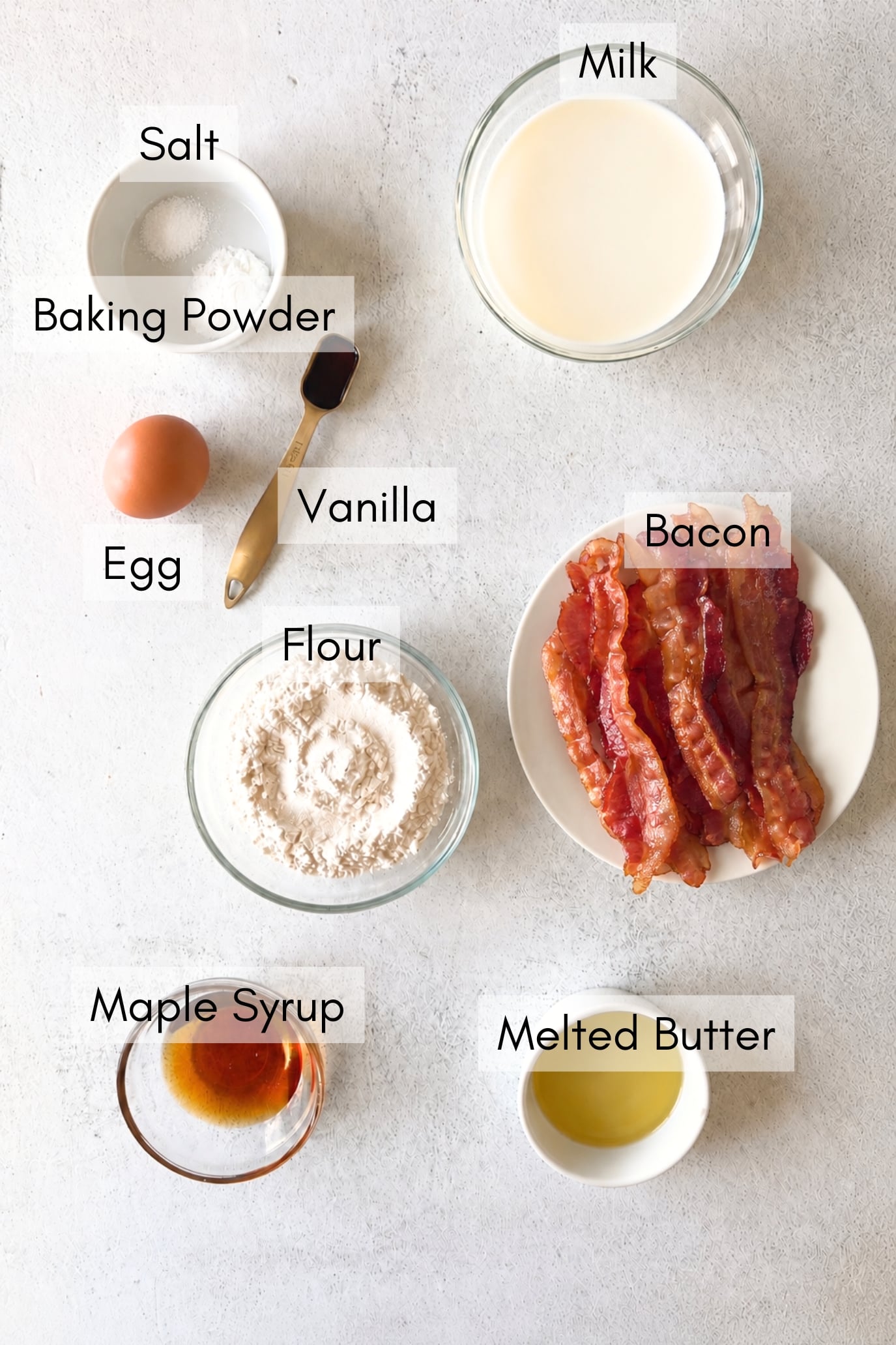 Ingredients to make bacon waffles.