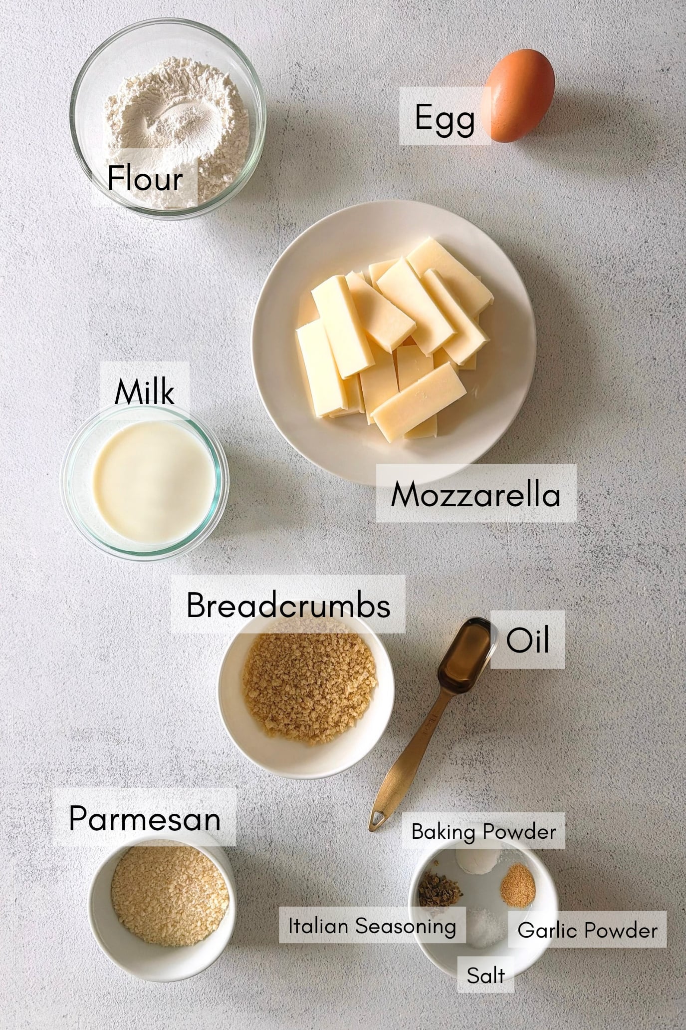 Ingredients to make mozzarella stick waffles.