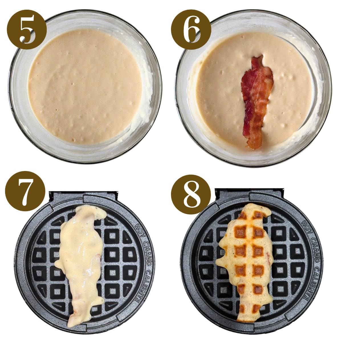 Steps to make bacon waffles.